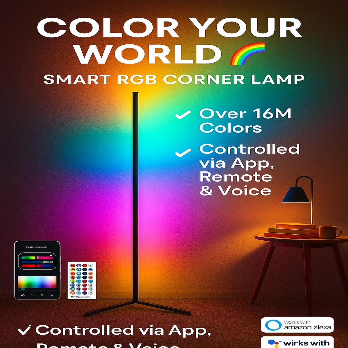 160cm Smart RGB LED Corner Floor Lamp